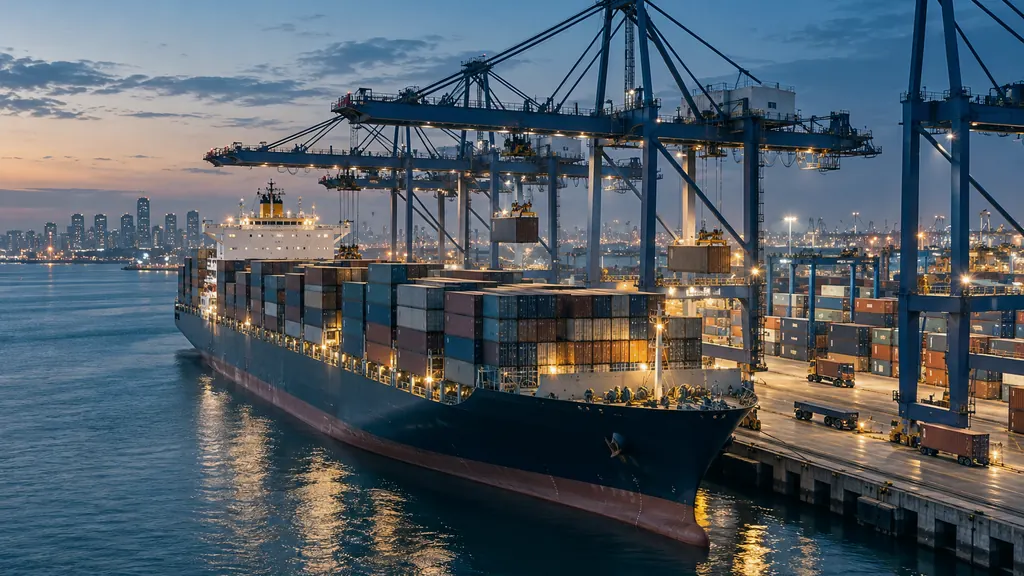 Container vessel being loaded by gantry cranes at a container terminal at dusk