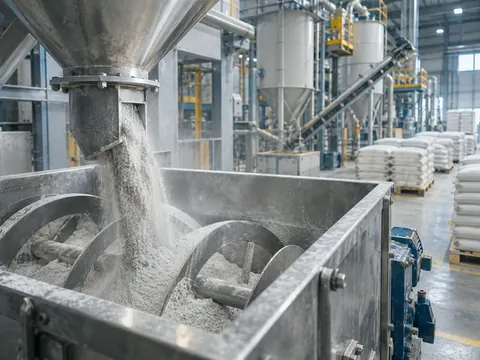 Powder feeding into an industrial mixer at a dry-mix mortar plant