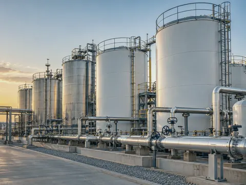 Bulk chemical storage tanks with insulated pipework and valves