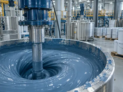 High-speed disperser mixing blue paint in a coatings plant