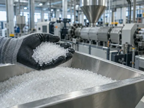 Gloved hand holding polymer resin pellets above a hopper, with an extrusion line behind