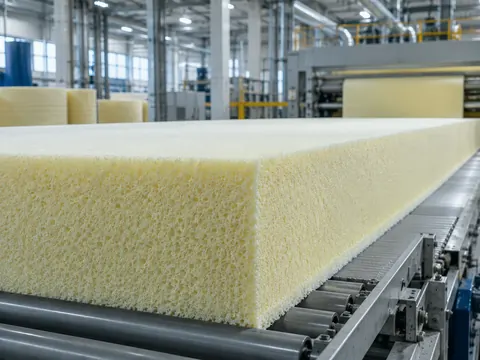 Polyurethane foam block on a roller conveyor in a foam production line