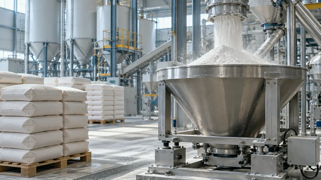 Powder raw materials being fed into an industrial mixer at a dry-mix mortar plant