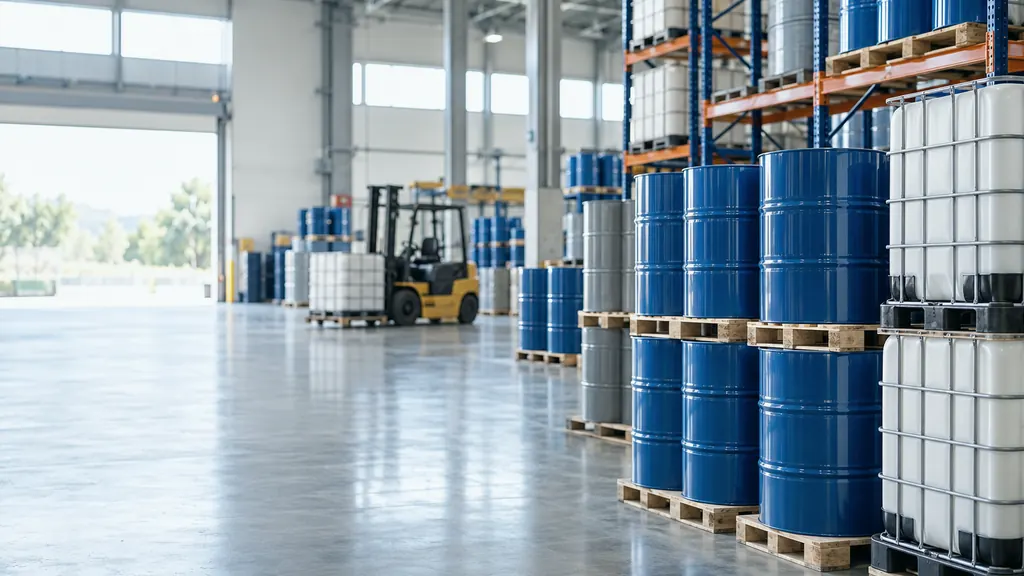 Steel drums and IBC totes stored on pallets in a chemical distribution warehouse