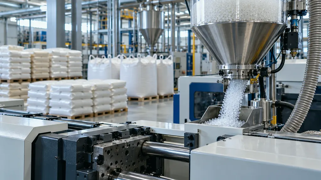 Polymer granules feeding from a hopper into an injection moulding machine
