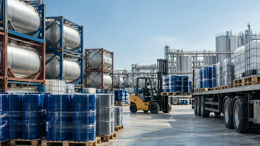 ISO tank containers and palletised drums being loaded onto a trailer at a chemical logistics yard